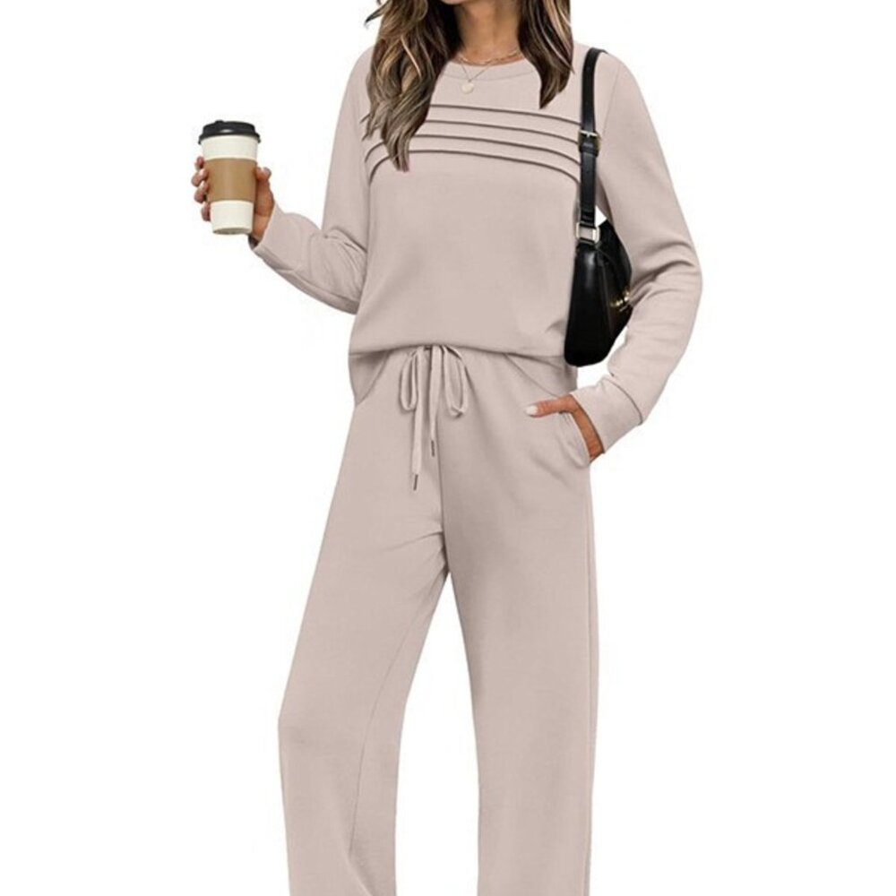 Apricot  Full Size Long Sleeve Round Neck Top and Pants Set Plus Size